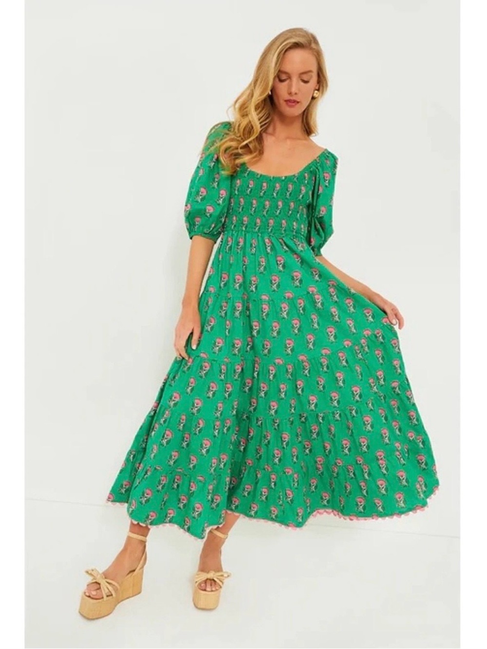 Pink City Prints Tuckernuck Angelina Midi Dress Womens XS Green Parakeet Blossom